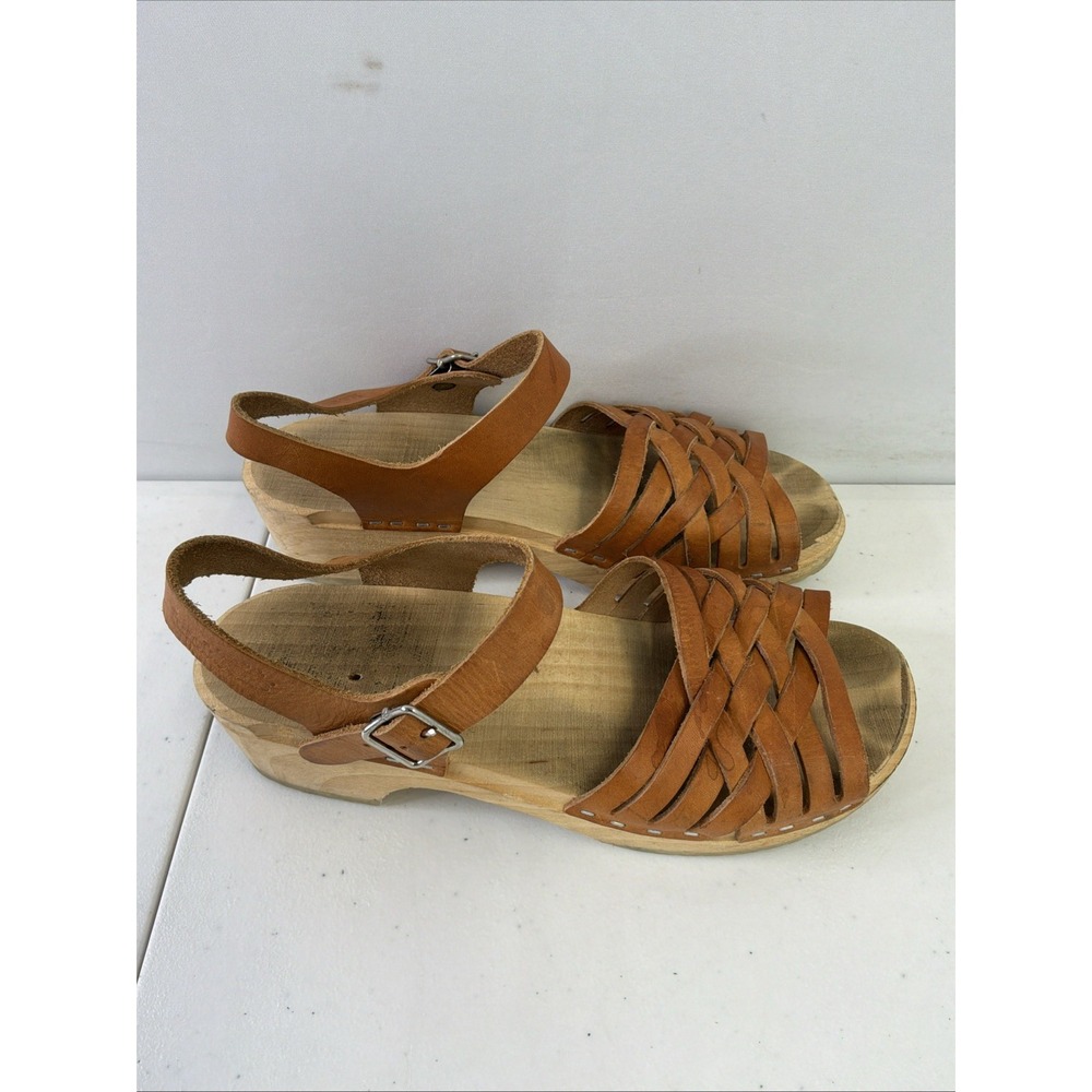 Swedish Hasbeens 38 Sandal Woven Brown Leather Clog Wooden US Sz 8